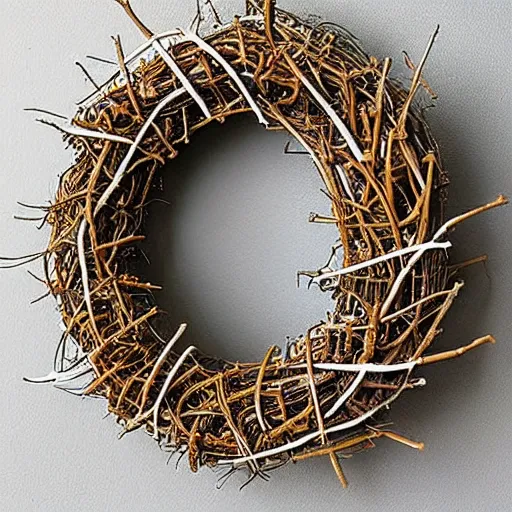 Prompt: a wreath made of twigs and small animal bones