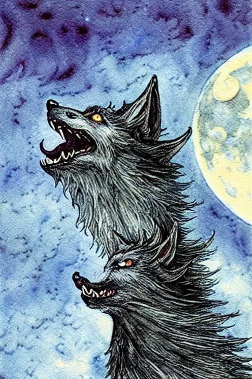 Prompt: one detailed werewolf howling at the moon, art by luis royo and walter crane and kay nielsen, watercolor illustration, ultra sharp focus, wot