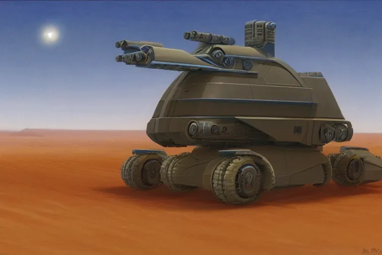 Image similar to a futuristic troop transport with eight wheels and a huge laser cannon on top driving across a vast desert, painting by ralph mcquarrie