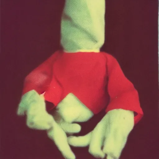 Image similar to a cute puppet made of fingers and hands, old photo, expired color film, damaged photo, 1975