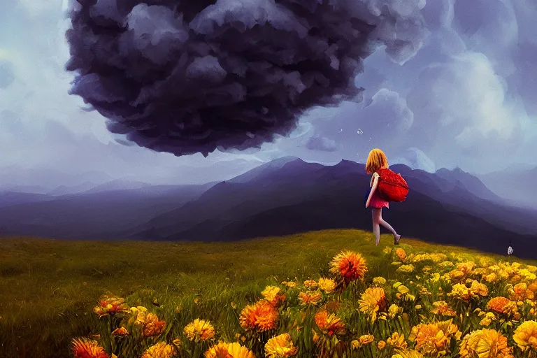 Image similar to giant dahlia flower as a head, girl walking on mountain, surreal photography, stars, dramatic light, impressionist painting, storm clouds, digital painting, artstation, simon stalenhag