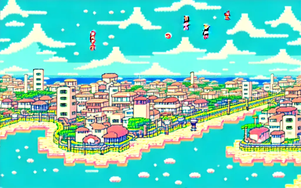 Prompt: a japanese city near the sea, lofi, dreamy, moody, very colorful, anime inspiration, ghibli vibe, very pixelart, hd