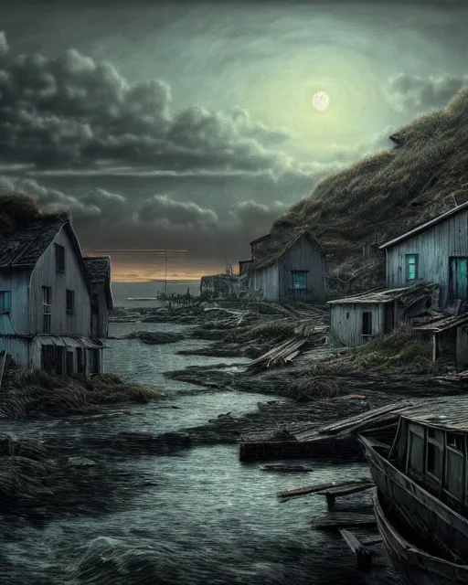 Image similar to a beautiful photorealistic illustration of nature abandoned fishing village by caspar david friedrich, extraterrestial nature at night neon noir neon signs water cloudy studio ghibli hyperrealism, archdaily, wallpaper, highly detailed, trending on artstation.