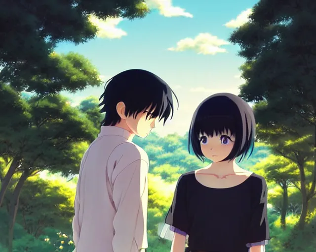 Image similar to beautiful anime girl with long black hair and bangs, beautiful anime guy with short black hair, wearing black clothes, siblings, fine details portrait, japense village in background, bokeh. anime masterpiece by Studio Ghibli. illustration, sharp high-quality anime illustration in style of Ghibli, Ilya Kuvshinov, Artgerm