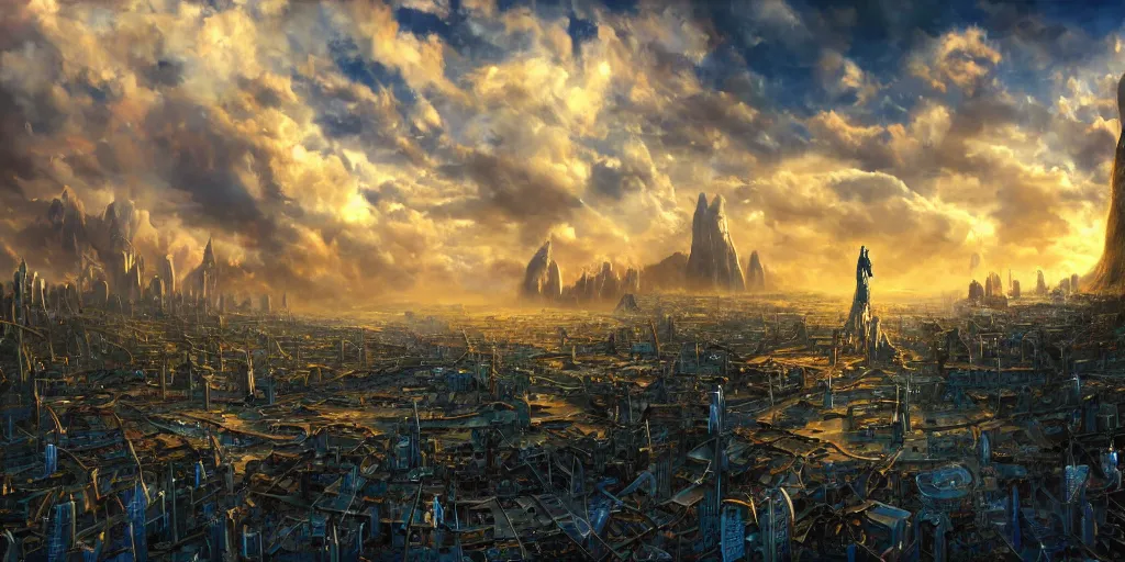 Image similar to fantasy oil painting, ultra futuristic, megalithic buildings, looming, billboards, advertisements, small buildings, warm lighting, street view, daytime, silhouetted figure standing overlooking the city, distant mountains, bright clouds, luminous sky, cinematic lighting, michael cheval, michael whelan, artstation, oil painting, vray, 8 k hd