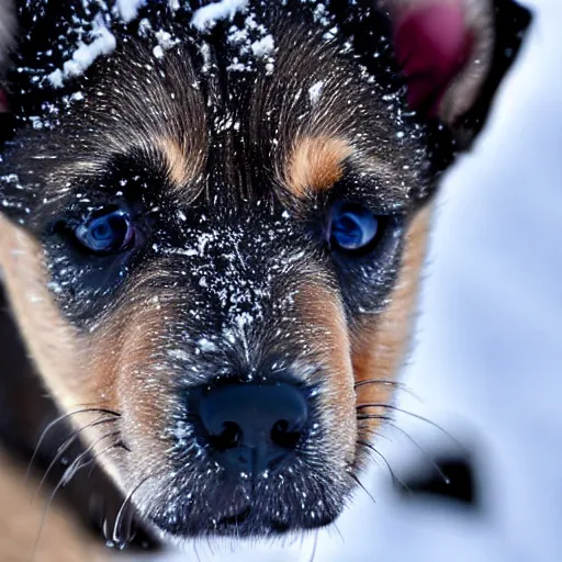 Image similar to Up close Photorealistic photograph of a cute puppy in snow, photorealism, photorealistic, realism, real, highly detailed, ultra detailed, detailed, shutter speed 1/1000, Canon EOS 90D, up-close, Wildlife Photographer of the Year, Pulitzer Prize for Photography, 8k