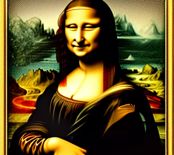 Prompt: A portrait of mona lisa holding a giant pipe, smoke, 8k, hyper-detailed, cinematic