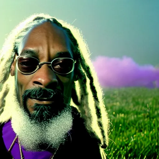 Image similar to snoop dogg with white hair and white beard as gandalf the white, exhaling a huge cloud of magical purple smoke in the vast and lush green fields of the shire, Japanese CGI, VFX, 2003, 40mm lens, shallow depth of field, film photography, volumetric lighting, highly detailed, ultrarealistic