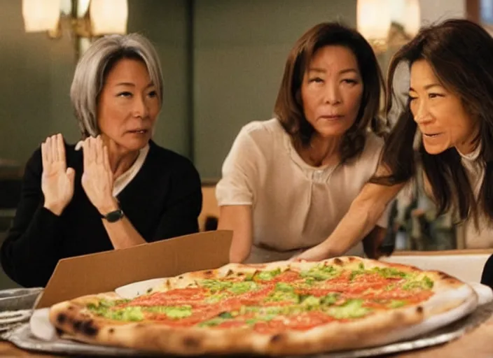 Image similar to a movie still of michelle yeoh's pizza fingers caressing jamie lee curtis's face from the movie everything, everywhere, all at once