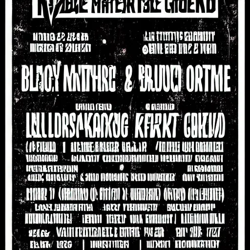 Image similar to black metal concert flyer, black metal logos, unreadable, poster, 3 band lineup