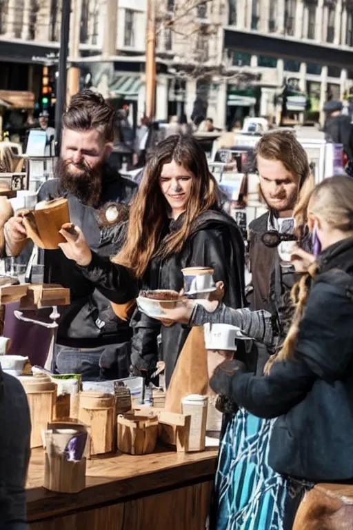 Prompt: vikings in modern city try to buy coffee in starbucks