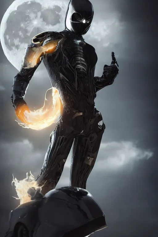 Image similar to hyperrealistic photography of Moon Knight mixed with Ghostrider style of patricia piccinini and wlop, full-shot, merged character, 4k, highly detailed, cinematic lighting, photorealistic, 3d render, award winning render, unreal engine, masterpiece, octane render, sharp focus, studio lighting, 8k, hd