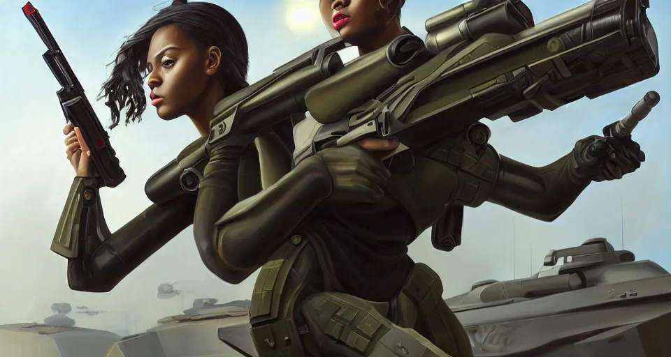 Prompt: a photorealistic painting of an attractive young girl, clothed in stealth-battle armor with a giant sci-fi sniperrifle in her hands, olive skin, long dark hair snd ebony skin, symmetrical face, a futuristic hover-tank with heavy laser-turret in the background, intricate details, elegant, digital painting, illustration, sharp focus, minimal artifacts, from Metal Gear, in the style of Ruan Jia and Mandy Jurgens and Greg Rutkowski, trending on Artstation, award winning, unreal engine, octane render