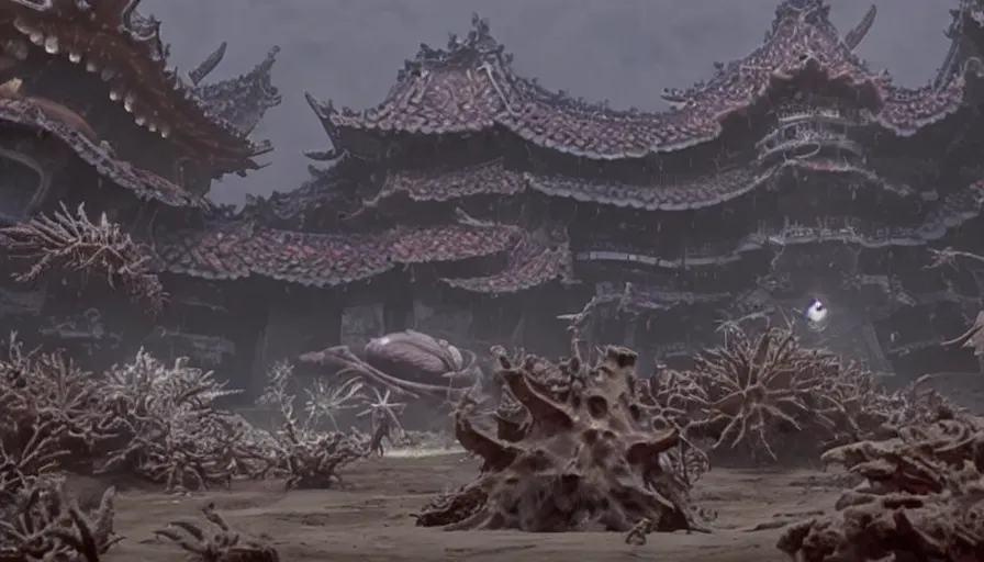 Prompt: a filmstill of the movie Pulgasari by Shin Sang-ok, a giant kaiju starfish destroying a korean palace, epix composition, dramatic lighting
