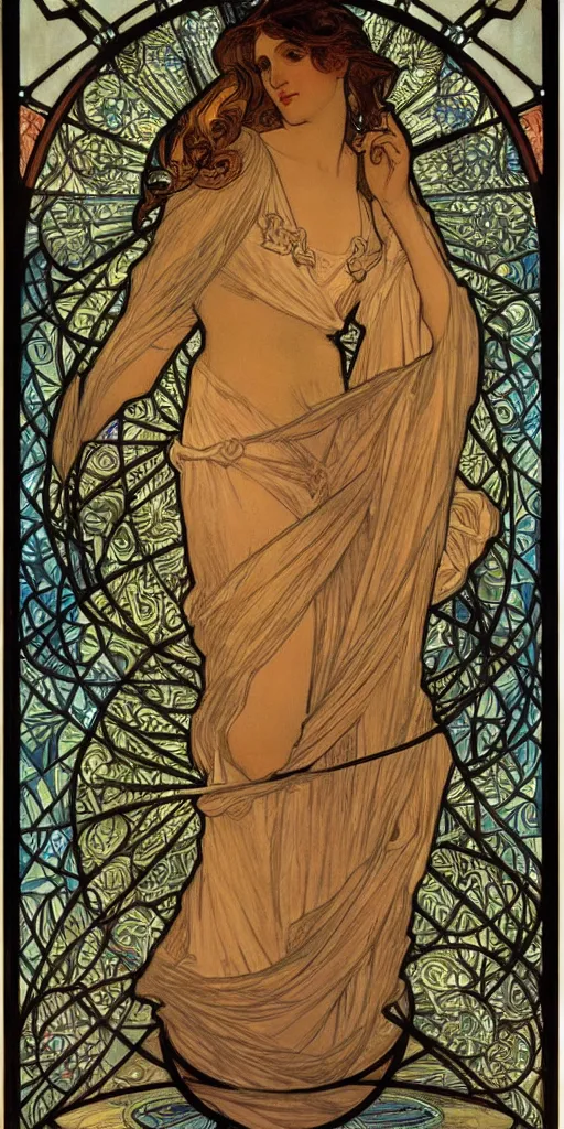 Prompt: night, by alphonse mucha, intricate stained glass