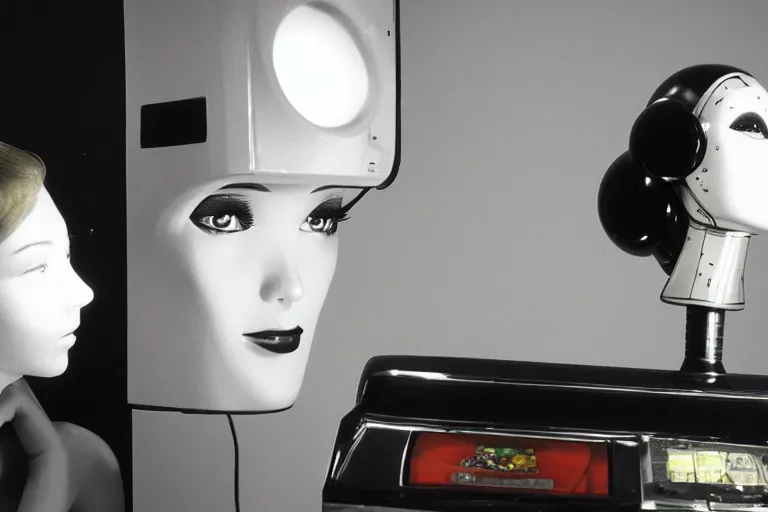 Image similar to beautiful woman robot sticking her head inside of a toy oven, from 1985, bathed in the glow of a crt television, crt screens in background, low-light photograph, in style of jun takahashi