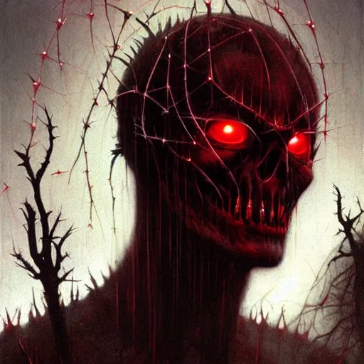 Image similar to portrait of demonic Tom Cruise with red glowing eyes in hood and crown of thorns, dark fantasy, Warhammer, artstation painted by Zdislav Beksinski and Wayne Barlowe