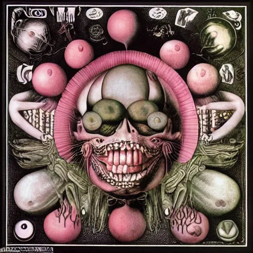 Image similar to post - punk new age album cover, asymmetrical design, dollar sign, money, magic, apocalypse, psychedelic, black white pink, magic, giger h. r., giuseppe arcimboldo