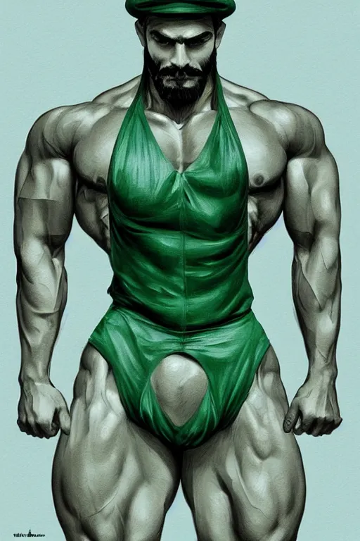 Prompt: gigachad luigi wearing a green jumpsuit by ilya kuvshinov, bodybuilder ernest khalimov, super mario bros symmetrical face concept art, hyper realistic, intricate, elegent, highly detailed, digital painting, concept art, smooth, sharp, focus, illustration, art by artgerm and greg rutkowski and alphonse mucha, artstation