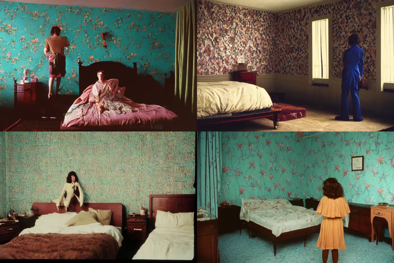 Prompt: !dream photo taken with provia provia photo taken with ektachrome by Wes Anderson flickr american barbizon school a matte painting a person standing in a bedroom with a hideous wallpaper and a mirror next to a bed 1976