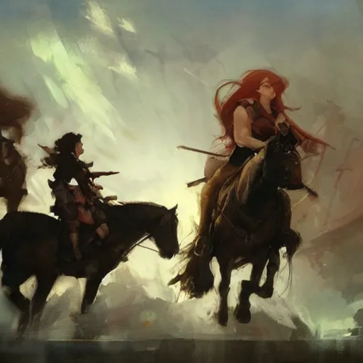 Prompt: a group of people riding on the backs of horses, a storybook illustration by krenz cushart and phil hale, pixiv contest winner, fantasy art, official art, concept art, storybook illustration. detailed masterpiece.