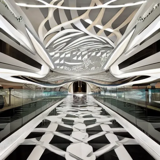 Image similar to extremely detailed ornate stunning beautiful elegant futuristic museum lobby interior by Zaha Hadid