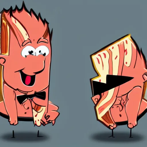 Prompt: cartoon concept art of a stoner slice of bacon wearing a black suit with a red tie