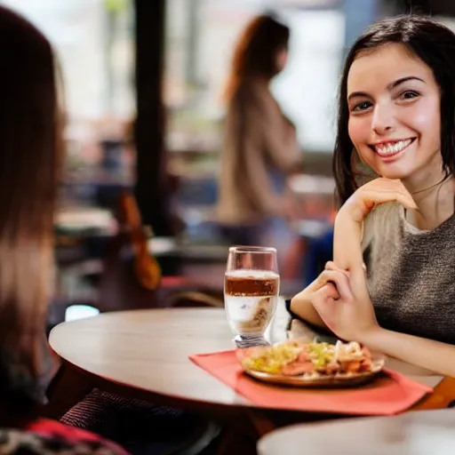 Prompt: a girl on a date, across the table