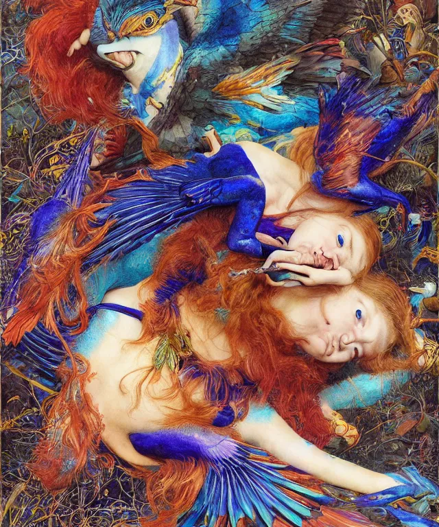 Prompt: a portrait photograph of a meditating fierce sadie sink as a colorful harpy bird super hero with blue wet amphibian skin. she has animal skin grafts and cyborg body modifications and implants. by donato giancola, hans holbein, walton ford, gaston bussiere, peter mohrbacher and brian froud. 8 k, cgsociety, fashion editorial