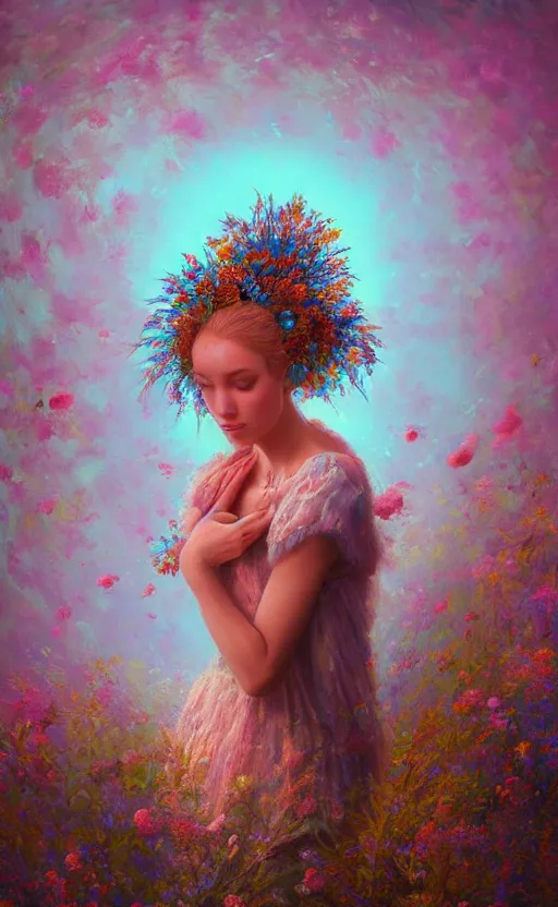 Image similar to a beautiful fantasy oil painting hyperrealism of a beautiful woman, flowers, floral headdress, 8 k resolution, octane render, trending on artstation, by gediminas pranckevicius, volumetric light 2 blue fractal thunder glow by dan mumford, anaglyph effect, laurie lipton