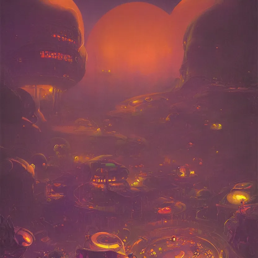 Prompt: a neoclassicist painting of an otherworldy purple and orange sci - fi valley at night with glowing bubbles. glowing fog. highly detailed fantasy science fiction painting by moebius, norman rockwell, frank frazetta, and syd mead. rich colors, high contrast, gloomy atmosphere, dark background. artstation