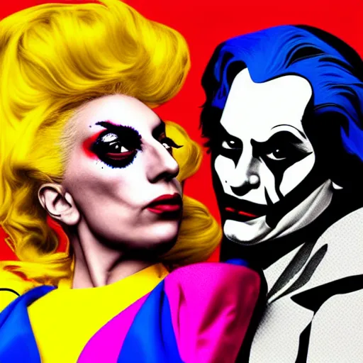 Image similar to richard hamilton and mimmo rottela as lady gaga harley queen and joaquin phoenix joker kissing, pop art, medium long shot, 2 color, justify content center, object details, dynamic composition, 4 k, ultra realistic art, smooth, sharp focus, illustration, concept art, intricate details, h 7 6 8