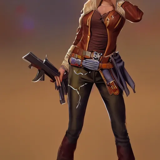 Image similar to full body, female cowgirl, perfect face, long rifle, 8 k, magic the gathering, d & d, artstation