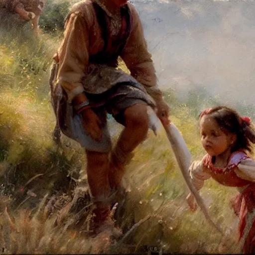 Image similar to close up of jack and jill going up the hill to fetch a pale of water, cinematographic shot, by daniel f. gerhartz