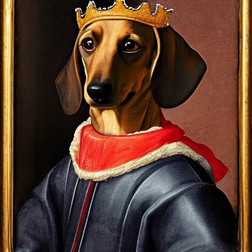 Image similar to a renaissance style portrait painting of a dachshund, wearing a crown and cape, dark background