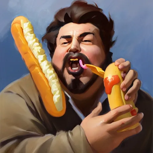 Prompt: greg manchess portrait painting ofchubby man eating a hot dog overwatch character, medium shot, asymmetrical, profile picture, organic painting, sunny day, matte painting, bold shapes, hard edges, street art, trending on artstation, by huang guangjian and gil elvgren and sachin teng