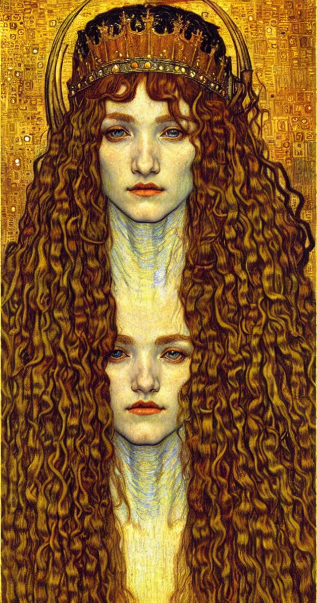 Image similar to detailed realistic beautiful young medieval queen face portrait by jean delville, gustav klimt and vincent van gogh, art nouveau, symbolist, visionary, gothic, pre - raphaelite, muted earthy colors, desaturated