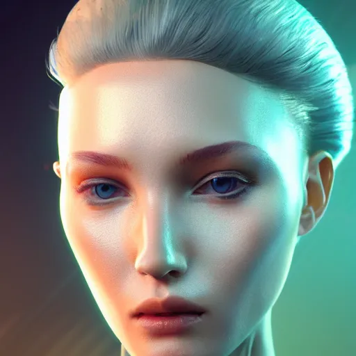 Image similar to portrait of a beautiful bioengineered female wearing a luminescent bodysuit, Tron environment, reflections, focus, detailed, realistic eyes, horizontal partial symmetry body features proportions, intricate facial skin details, award winning, trending in cgsociety artstation deviant art, octane render