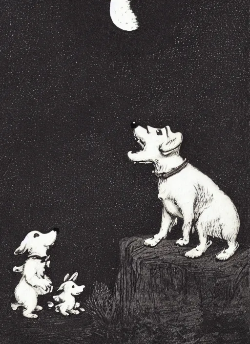 Image similar to jack russel dog silhouette howling at the moon, illustrated by peggy fortnum and beatrix potter and sir john tenniel