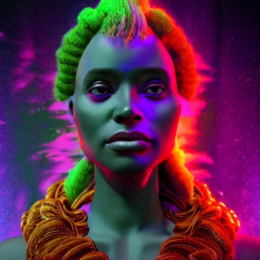 Prompt: Portrait of Pele, the fire goddess, rendered in unreal engine, rendered in octane render, rendered in blender, unreal engine, octane, blender, dark studio lighting, bright, glowing aura, vividly beautiful colors, bioluminescence, bioluminescent lighting, volumetric lighting