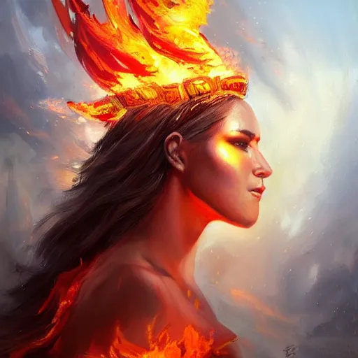 Prompt: A stunning painting of a fire goddess by Andrews Esao, fantasy, Trending on artstation.