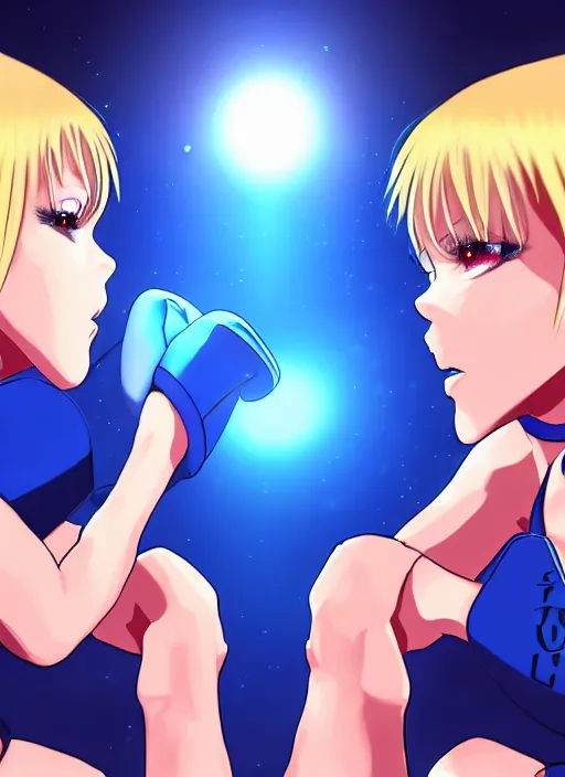 Prompt: two beautiful identical female fighters with short hair facing each other in ring, blue shorts, dim lighting, gorgeous features, high resolution, detailed anime art