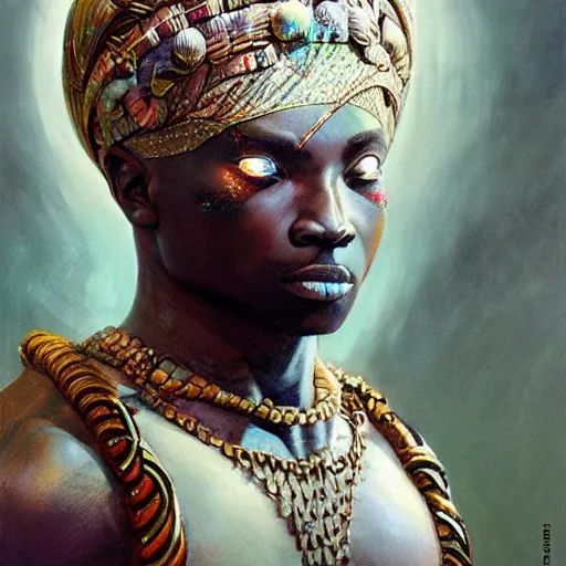 Prompt: african cosmic god obatala, dim light, front game card, marvel comics, dark, intricate, highly detailed, smooth, artstation, digital illustration by ruan jia and mandy jurgens and artgerm and wayne barlowe and greg rutkowski and zdislav beksinski.