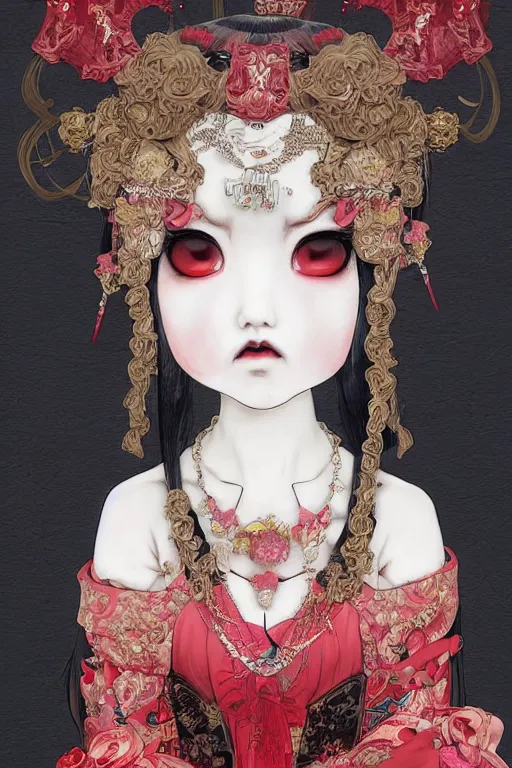 Prompt: high angle photo an avant - garde japanese bjd geisha vampire queen in a victorian red dress in the style of lovecraftian horror lolita fashion painted by yoshitaka amano, takato yamamoto, ayami kojima, dmt art, symmetrical vogue face portrait, intricate detail, artstation, cgsociety, artgerm, gold skulls, rococo