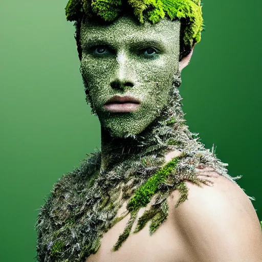 Image similar to a portrait of a beautiful young male wearing an alexander mcqueen armor made of moss , photographed by andrew thomas huang, artistic