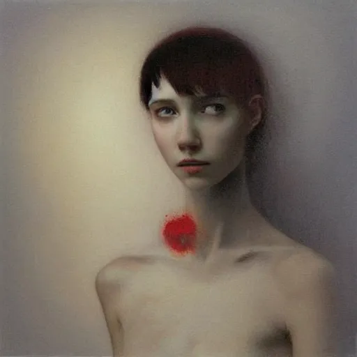 Image similar to portrait of pale white young teen girl 16 years old in beautiful red dress, with black short hairs. Painting by Beksinski