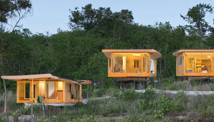 Image similar to A wide image of an eco-community neighborhood of innovative contemporary 3D printed prefab sea ranch style cabins with rounded corners and angles, beveled edges, made of cement and concrete, organic architecture, in a lush green eco community, Designed by Gucci and Wes Anderson, golden hour