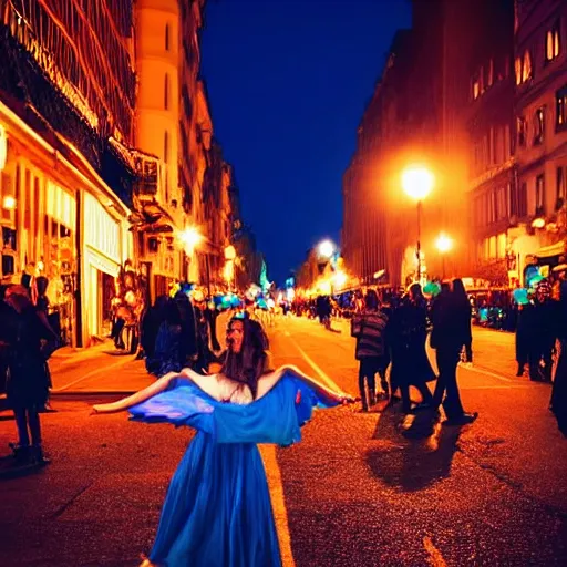 Image similar to princess dancing in the street during the night with a blue and red moon shining on the city, blue and warm lights, radiant light
