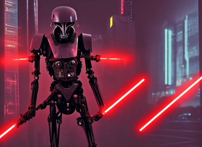 Image similar to 3 5 mm portrait photo of general grievous with heavy duty biomechanical cybernetic body with 4 arms holding 4 activated red lightsabers in the city in the rain. cyberpunk horror style.