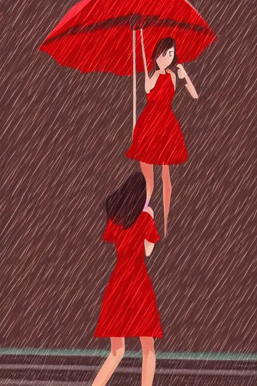 Image similar to a girl in a red dress crying in the middle of a city while its raining, digital art